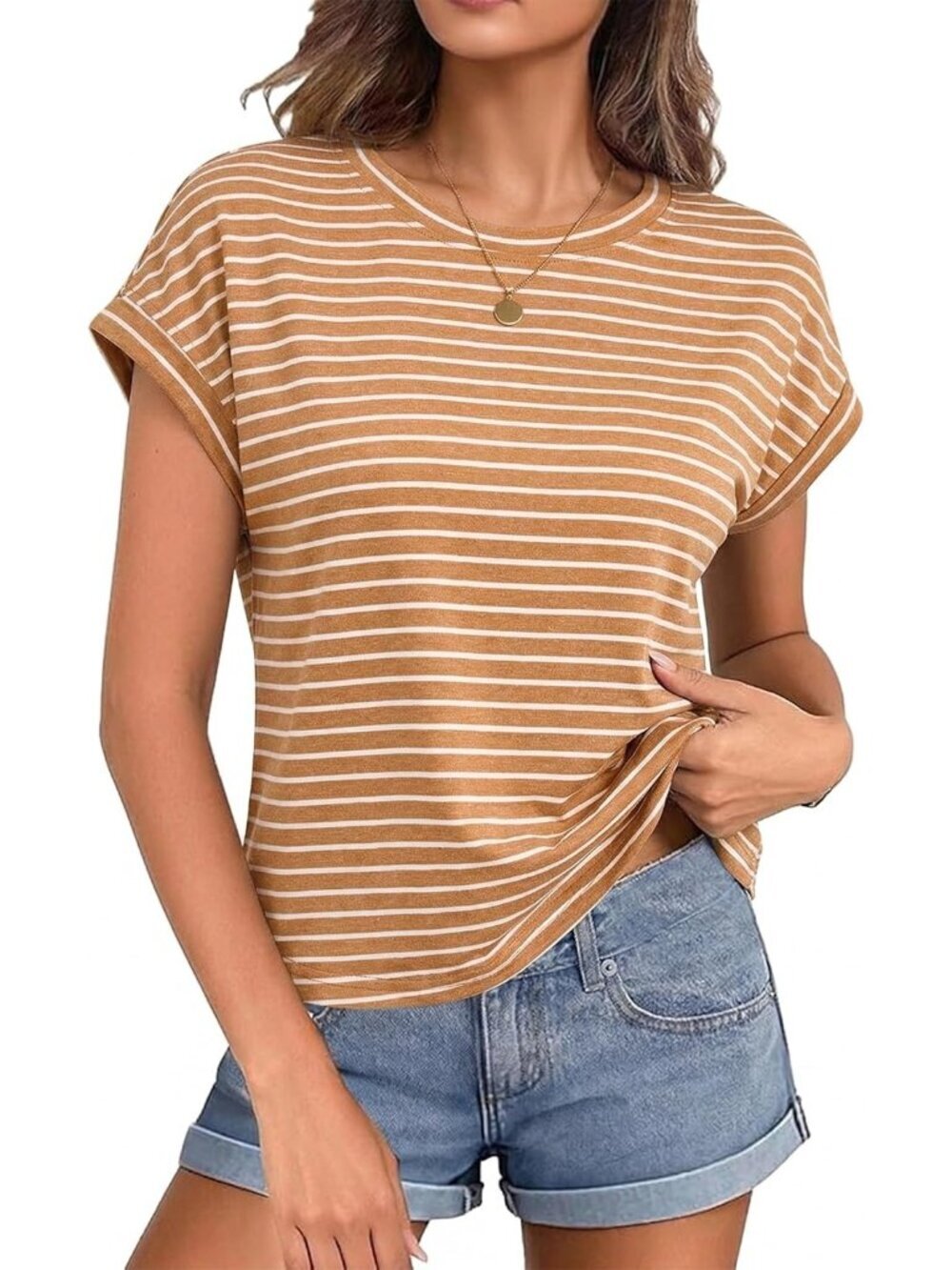 Women's Brown Apricot Cute Short Sleeve Boxy Crew Neck Basic Summer Crop Top